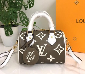 Louis Vuitton Oversized Monogram Pattern Empreinte Speedy Bandouliere 20 Handbag In Khaki Green And Beige