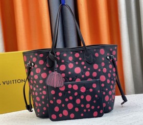 Louis Vuitton X YK Neverfull MM Black Tote In Red Infinity Dots