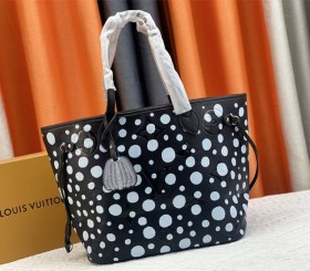 Louis Vuitton X YK Neverfull MM Black Tote - White Infinity Dots - Style 2