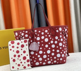 Louis Vuitton X YK Neverfull MM Red Tote - White Infinity Dots - Style 3