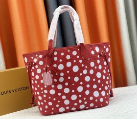 Louis Vuitton X YK Neverfull MM Red Tote - White Infinity Dots - Style 2