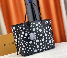 Louis Vuitton X YK Neverfull MM Black Tote In White Infinity Dots With Style 1