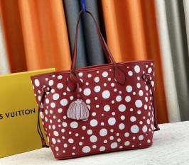 Louis Vuitton X YK Neverfull MM Red Tote In White Infinity Dots With Style 3
